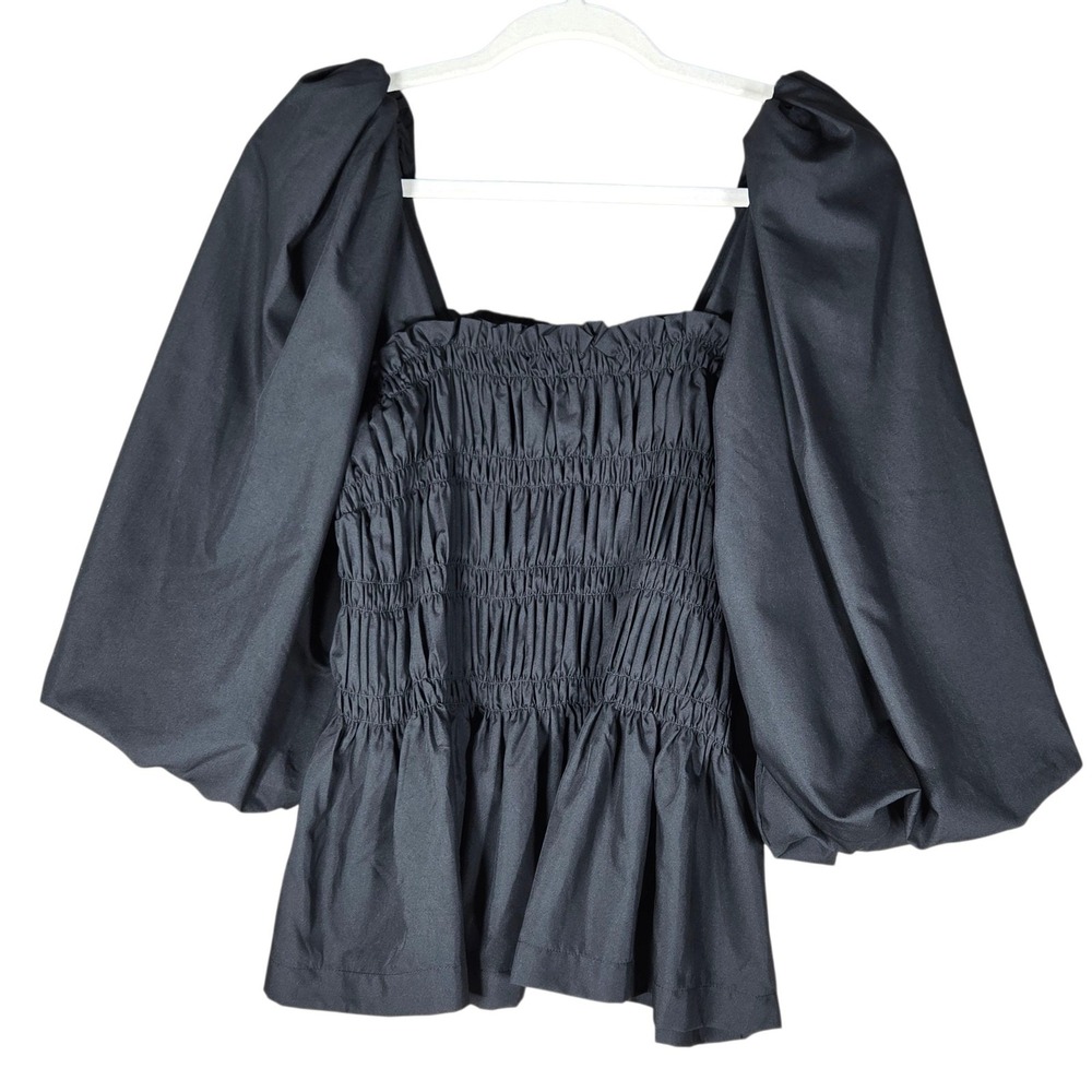 Tuckernuck Pomander Place Annabelle Top L Black Smocked Peplum Puff Sleeve NWOT